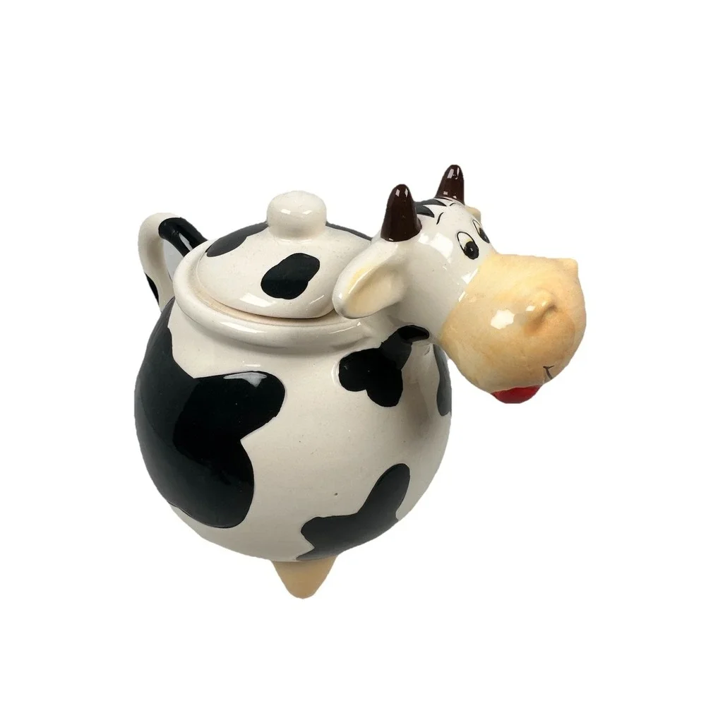 Cute Cow Teapot Ceramic Farm Animal Tea Pot Black White Kitchen Decor New
